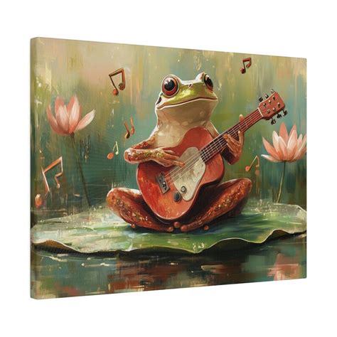 Frog Canvas Wall Art, Vibrant Frog Playing Guitar on Lily Pad With ...