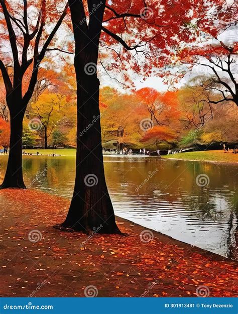 Central Park in Autumn stock illustration. Illustration of pond - 301913481