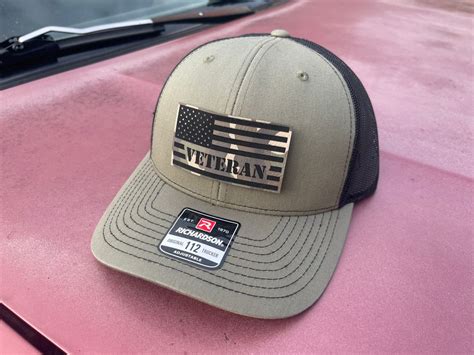Veteran American Flag Hat, Richardson 112 Trucker Hat, Laser Engraved Leatherette Patch ...