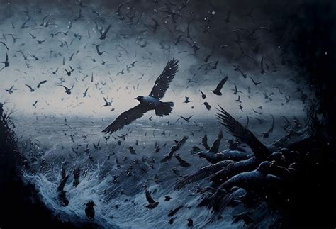 Premium AI Image | A painting of birds flying over a wave with a dark background and a dark sky ...