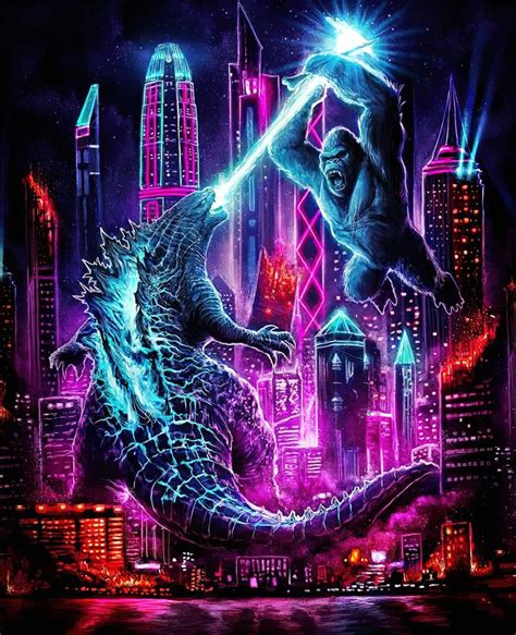 godzilla in the middle of a city with neon lights on it's face and head