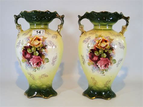 14) Pair of tall Victorian ceramic flower vases decorated with roses (one A/F to rim) 11.5” tall ...