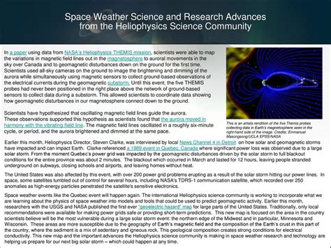 Space Weather Science and Research Advances from the Heliophysics Science Community In a paper ...