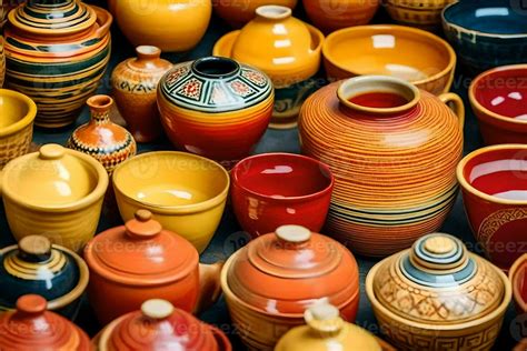 many colorful pottery vases are displayed in a display. AI-Generated ...