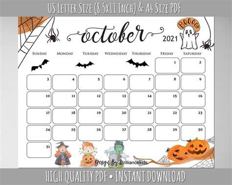 October Month Calendar 2023, Halloween Planner, Printable, Pumpkin, Spiders Webs, Boo Ghost ...