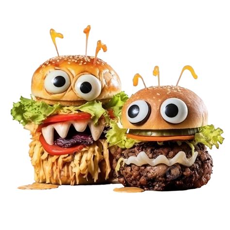Halloween Burger Monsters With French Fries On Wood Table Copy Space, Burger And Fries, Cheese ...