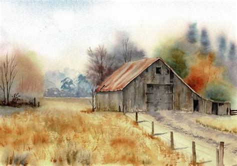 Original watercolour, Original barn painting, Autumn barn, barn in the ...