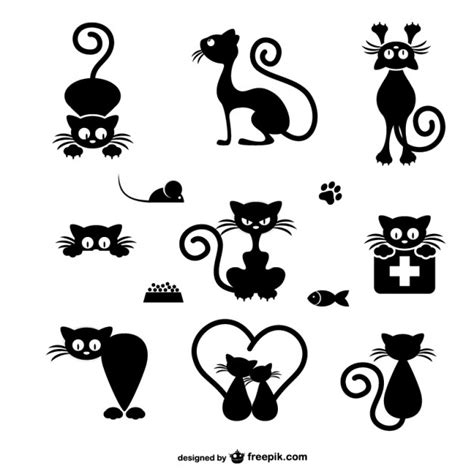 black and white cat silhouettes with hearts, cats and other things in the background