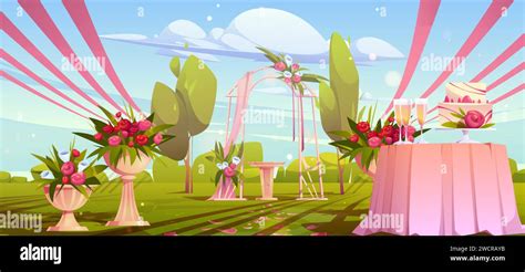 Wedding ceremony scene in summer garden. Vector cartoon illustration of green park decorated ...