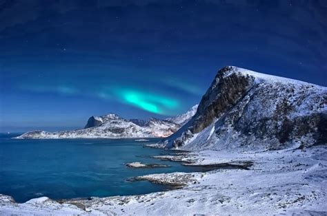 Landscape Winter Snow Mountains Sea Northern Lights Lofoten Islands Norway For Android HD ...