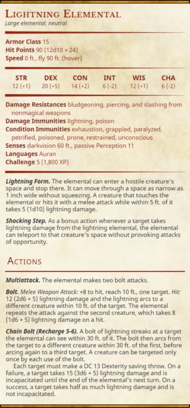 Lightning Elemental 5e Stat Block | 2-Minute Tabletop