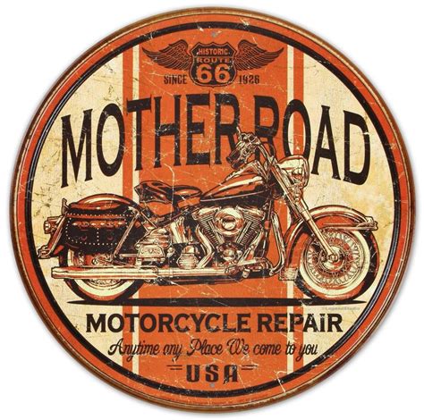 Mother Road Motorcycle Repair Round Distressed Retro Vintage Tin Sign