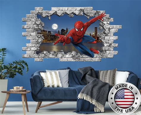 3D Spiderman Wall Decal. Superhero Vinyl Sticker Murals. Hole in the Decal. Comics Wall Sticker ...