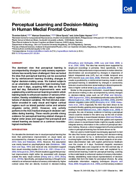 (PDF) Perceptual learning and decision making in human medial frontal cortex | Thorsten Kahnt ...