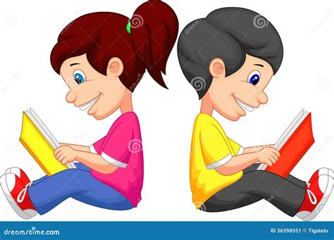 Cartoon Boy And Girl Reading A Book
