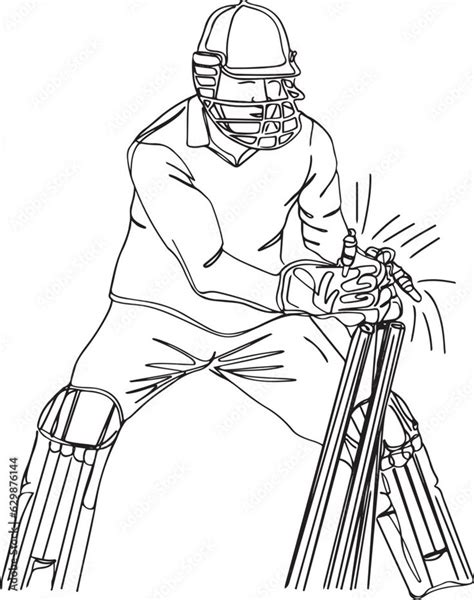 Download one line continuous sketch drawing cartoon illustration of Wicket Keeper doing quick ...