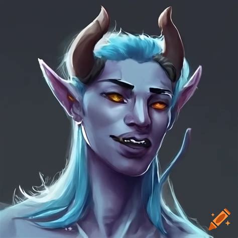 Illustration of a crimson tiefling with azure hair and silvery horns on ...