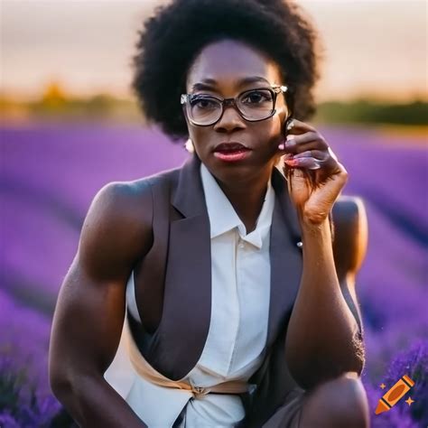 Portrait of an elegant african bodybuilder woman in a cream suit surrounded by lavender fields