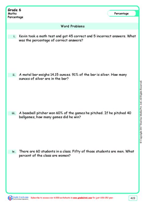 Percentage Word Problems Grade 6