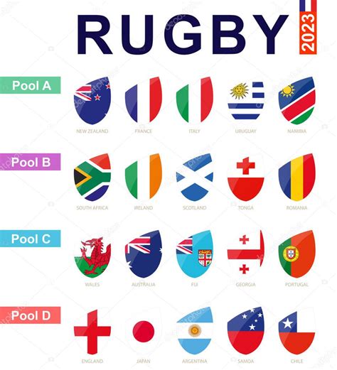 Rugby 2023, todos los grupos y la bandera del torneo de rugby. Juego de bandera vectorial. 2023