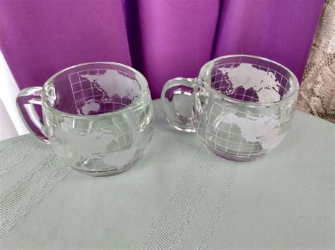 Vintage Nestle Clear Glass World Globe Coffee Mugs 1970's Promotional Nescafe Etched Cups Votive ...