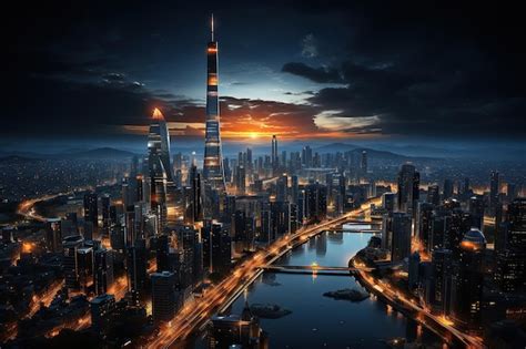 Premium AI Image | The city aglow Skyscrapers and streets ...