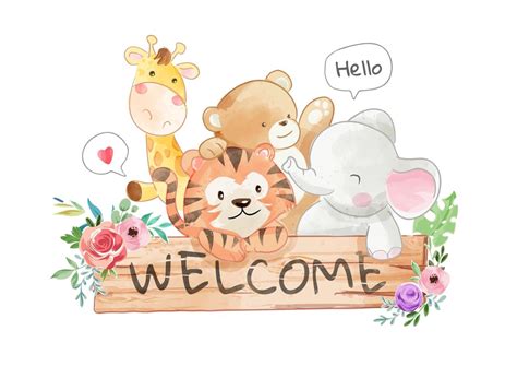 Cute Animal Friends and Wood Welcome Sign 1419196 Vector Art at Vecteezy