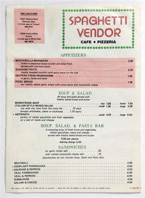 1980's Vtg Take-Out Menu SPAGHETTI VENDOR Cafe Pizzeria Sherman Oaks ...