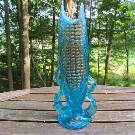 Antique Dugan Blue Opalescent Glass Corn Vase Goofus Painted! – Carnival Glass