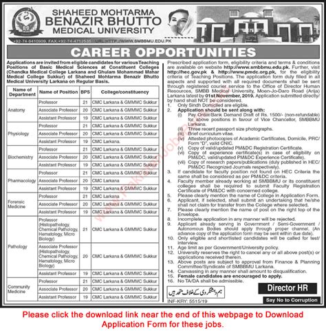 Shaheed Mohtarma Benazir Bhutto Medical University Larkana Jobs 2019 October Application Form ...