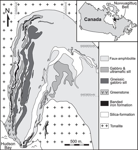 Simplified geological map of the Nuvvuagittuq greenstone belt. The ...