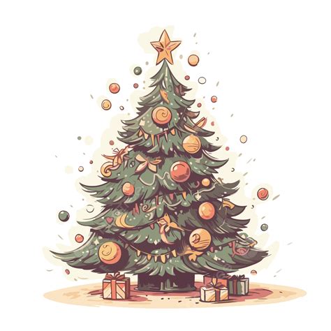 Vintage Christmas Tree Vector, Sticker Clipart Christmas Tree Drawn ...