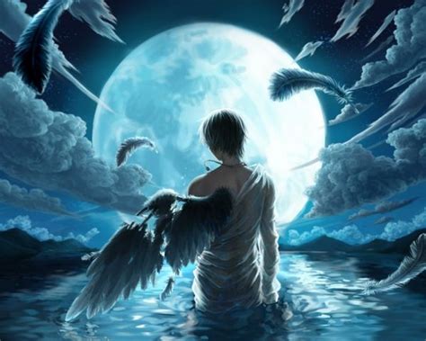 boy water wet blue hair feathers fallen male anime jewelry full moon cloud night sky kuroko no ...