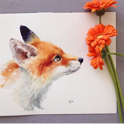 a painting of a fox with orange flowers on it's head and the words ...