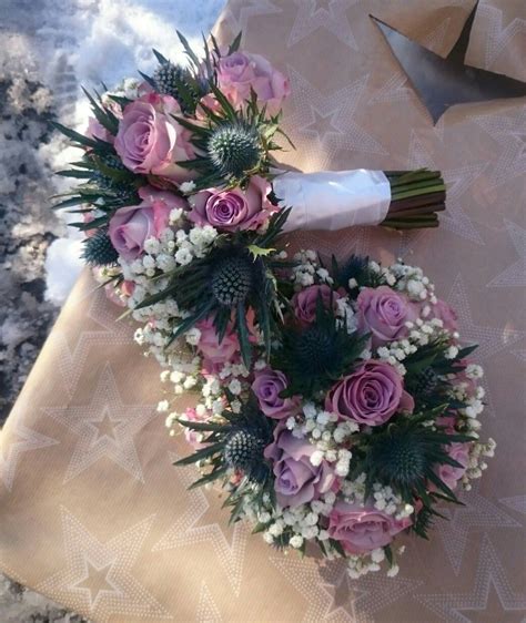 Ocean song rose, thistle and gypsophila bridesmaids bouquets. | Gypsophila bridesmaid bouquet ...