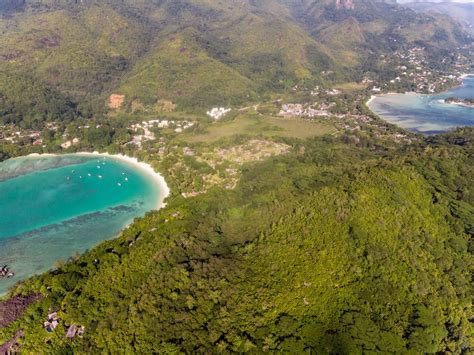 Aerial view of Mahé with the Constance Ephelia Resort Hotel and ...