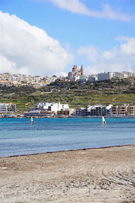 Mellieha Beach and Town, Malta. Stock Image - Image of beach, malta ...