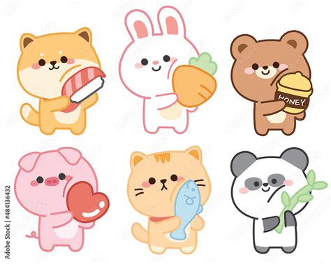 Set of cute animals on white background.Character design.Shiba inu dog,rabit,bear,pig,cat,panda ...