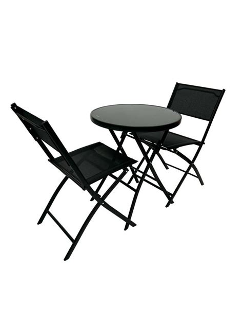 Black Folding Garden Set - Black Glass Table & 2 Black Chairs