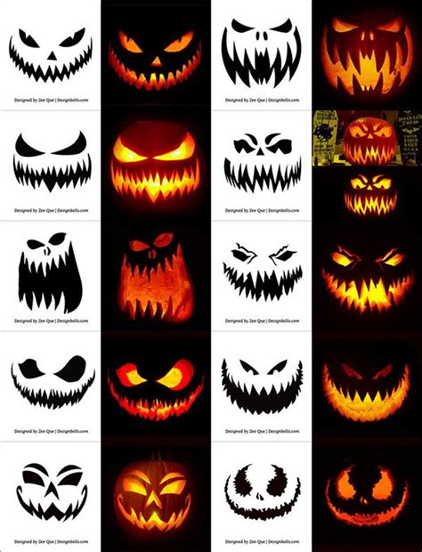 halloween pumpkins with scary faces and eyes in different styles, all on black background