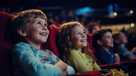 Premium Photo | Happy smiling kids sitting in a movie theater and ...