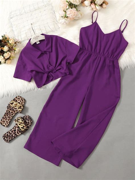 Purple Casual Collar Short Sleeve Plain Embellished Non-Stretch Tween Girls Clothing Lila ...
