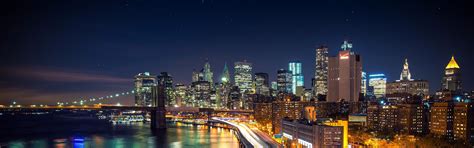 city skyline New York City #city #night #lights long exposure Brooklyn Bridge multiple display ...