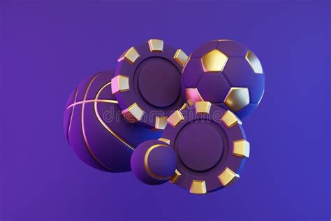 Poker Chips, Basketball, Soccer Ball and Tennis Ball on Bright, Violet, Neon Background Stock ...