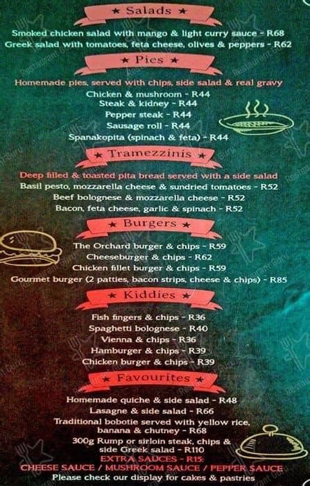 Menu at The Orchard Farm Stall restaurant, Grabouw