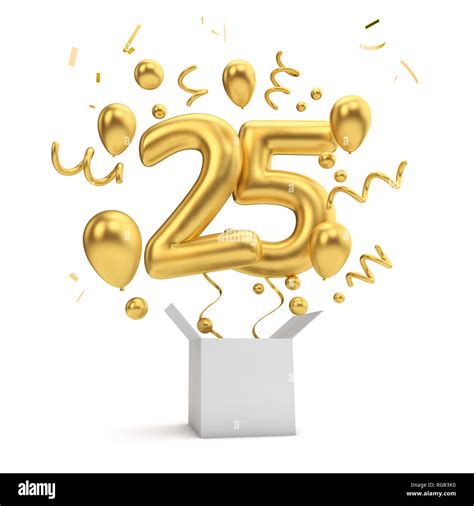 Happy 25th birthday gold surprise balloon and box. 3D Rendering Stock ...