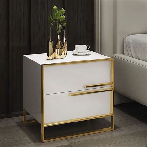Modern 2 Drawer White Lacquer Nightstand in Gold | White nightstand ...