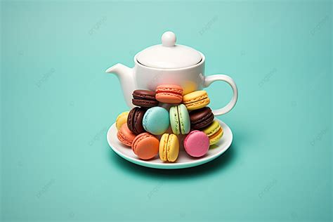 Colorful Macarons In Circular Coffee Pot On Blue Background, High Resolution, Lucky, Many ...