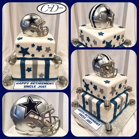 four photos of a football helmet on top of a cake with stars and silver ...