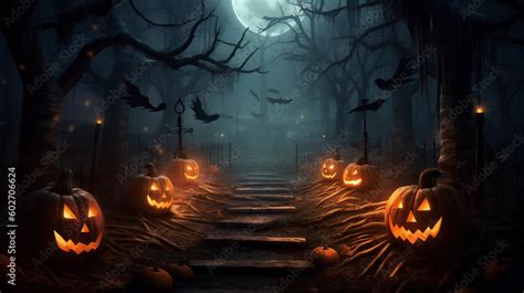 Spooky, scarry halloween forest with scary black trees and pumpkins on ...